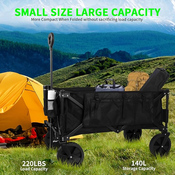 Collapsible Folding Wagon,Utility Beach Wagon Cart Heavy Duty Foldable with All-Terrain Wheels,Large Capacity Foldable Grocery Wagon for Garden Sports Outdoor Camping（Black）