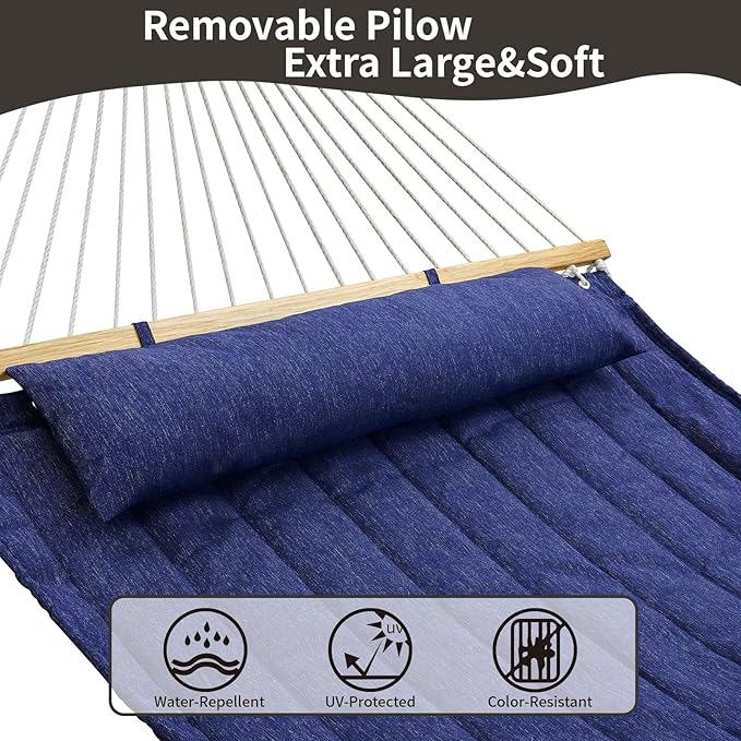 Double Quilted Fabric Hammock with Hardwood Spreader Bars and Pillow 450 LBS Capacity 2 Person Large Hammock for Outdoor Patio Backyard Poolside - Dark Blue