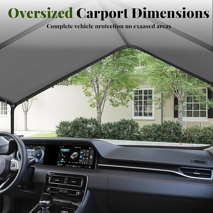 Carport, 10‘ x 20’ Heavy Duty Portable Garage All-Season Car Canopy w/Removable Sidewall & Doors, Carport Canopy Party Tent w/Water-Resistant Tarp for Backyard (Grey, 10' x 20' /no Side)