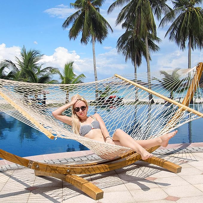 Lazy Daze Hammocks 12 FT Double Rope Hammock and 13 FT Natural Wooden Arc Stand, 2 Person Hand Woven Cotton Hammock with Spreader Bar for Outdoor Patio Poolside, 450 lb Capacity, Natural