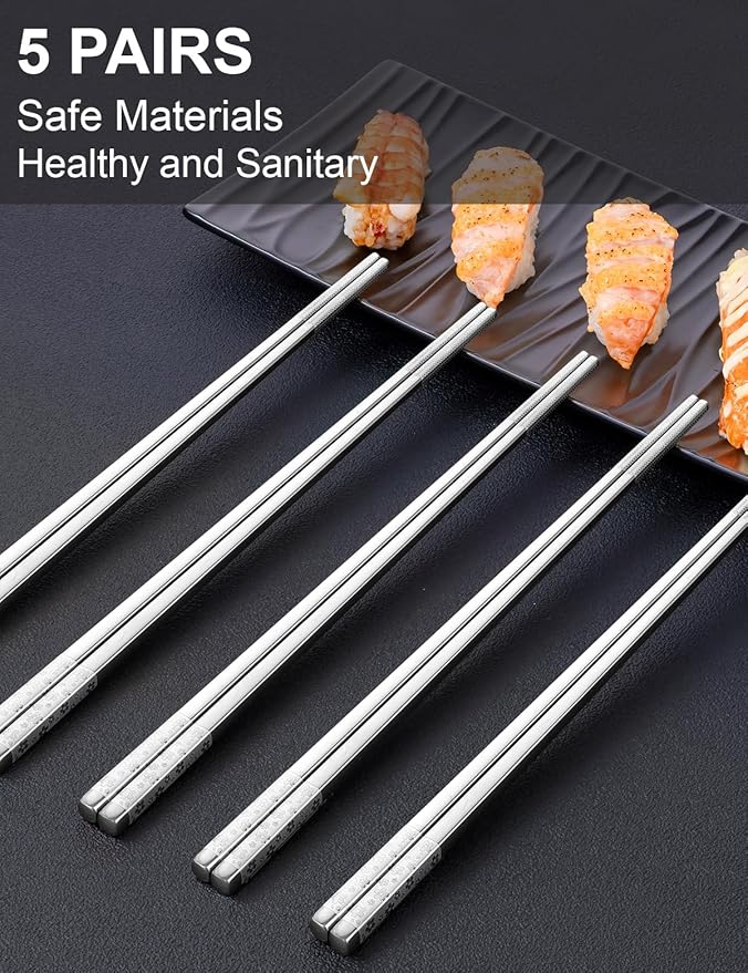 5 Pairs Metal Chopsticks Reusable 18/8 stainless steel Chopsticks Japanese Style Dishwasher Safe Lightweight Non-Slip Chop Sticks 9 1/4 Inches Present Set