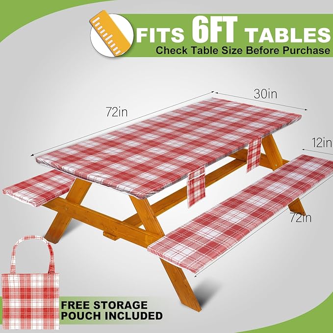 Fitted Picnic Table Cover with Bench Covers Waterproof Elastic Edges Rectangle Patio Tablecloth Outdoor Camping Essentials Stuff Rv Accessories Summer Trip Travel Camper Gifts for Woman Men, 72in 6 ft