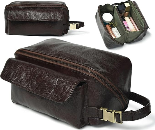 Coyote Bay® Premium Full Grain Soft Leather Makeup Bag Large 9 Inch, Travel Organizer Pouch, Shaving Kit, Cosmetics Toiletry Bathroom Organizer Kit