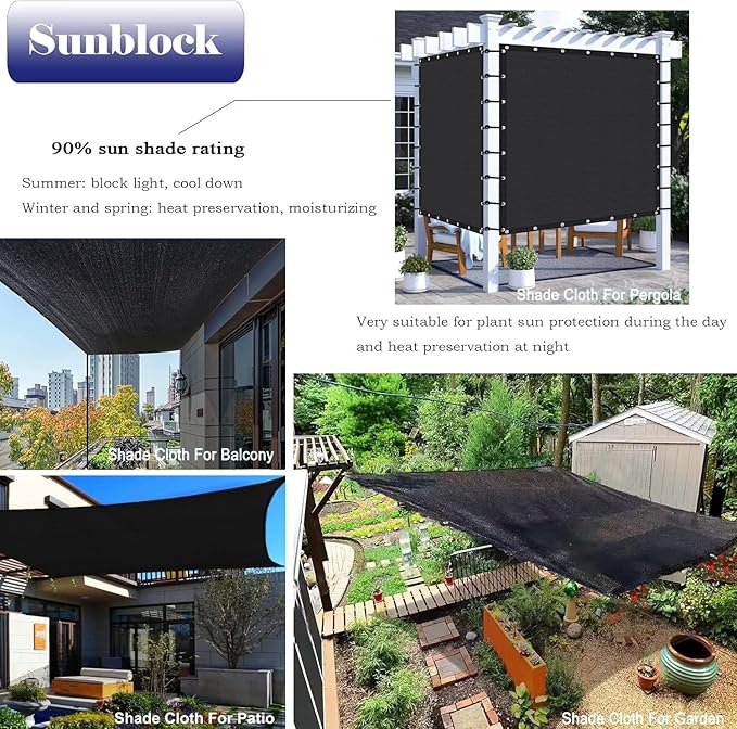 10x30 Ft Shade Cloth for Garden, 90% Black Sun Shade Fabric with Grommets for Plants Heat Protection, Outdoor Sunblock Mesh Cover for Greenhouse, Balcony, Deck, Porch, Carport, Pool