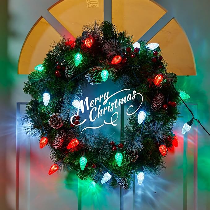 C9 LED Christmas String Lights - 82ft 100 LED Outdoor String Lights with Timer and 8 Lighting Modes, Plug in Extendable Roofline Lights String for Outside Yard Porch Christmas Holiday Decoration