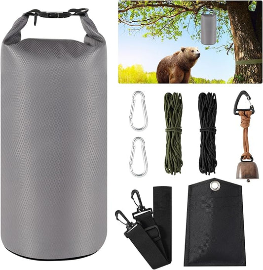 Bear Bag for Camping, Grey Ultralight Food Hanging System Include Waterproof Bear Bag, Nylon Ropes, Carabiner Clip, Bear Bell for Backpacking, Hiking, Outdoor Activity