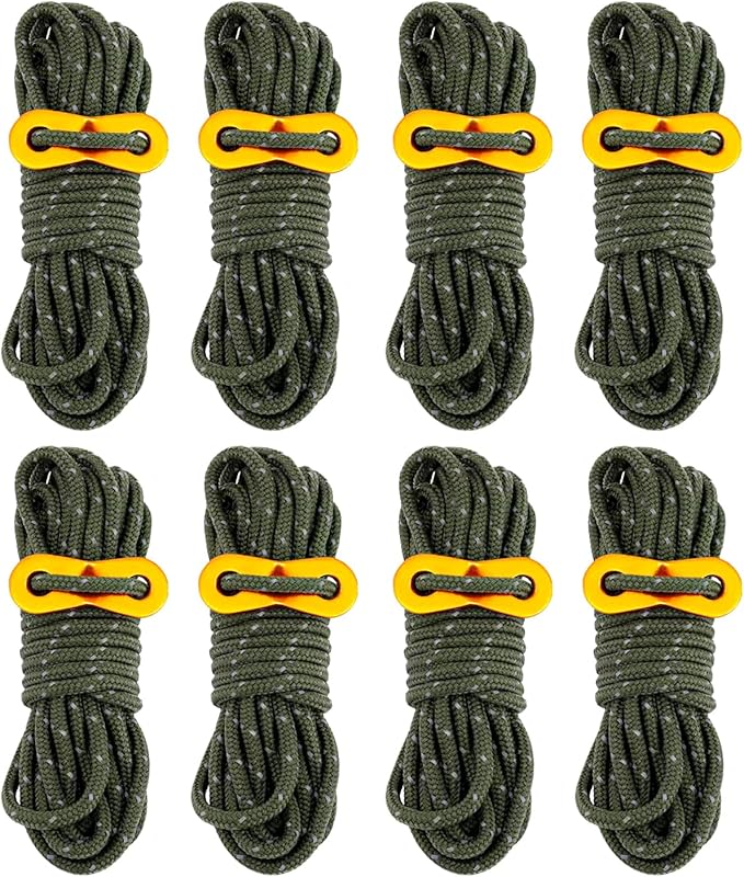 8 Pack 4mm Guy Lines Ultralight Tent Cords with Aluminum Adjuster Tensioner Outdoor Camping Guylines Ropes for Tent Tarp,Climbing,Hiking Backpacking (Army-Green)