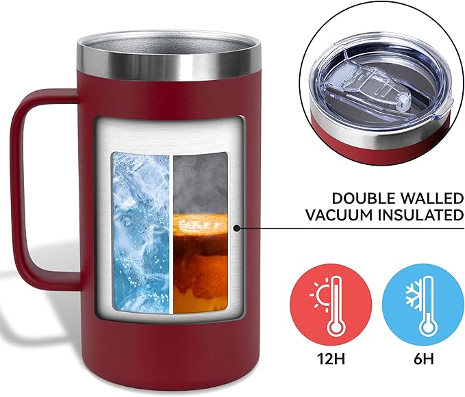 DOMICARE 24oz Mug with Handle and Lid, Stainless Steel Coffee Mug, Travel Mug with Handle, Double Wall Vacuum Coffee Tumbler, Reusable Insulated Cup, Dark Red, Pack 8