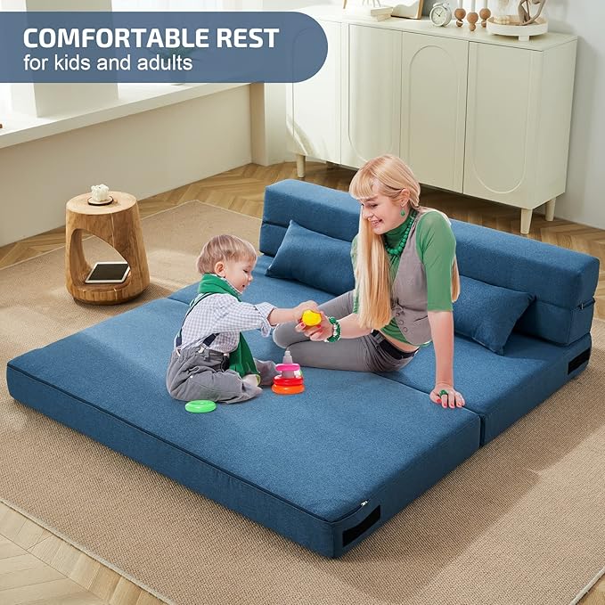 Folding Sofa Bed with Pillows- Convertible Chair Floor Couch & Sleeping Mattress, Foldable Memory Foam Sleeper for Living Room/Dorm/Guest Room/Home Office/Apartment/Loft, Queen, Navy Blue