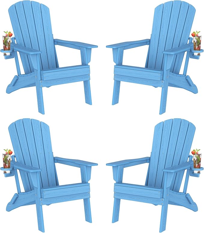 Folding Adirondack Chair Set of 4 with Cup Holder, SGS Tested, HDPE Heavy All-Weather,Wooden Textured,Backyard Fire Pit, Light Blue
