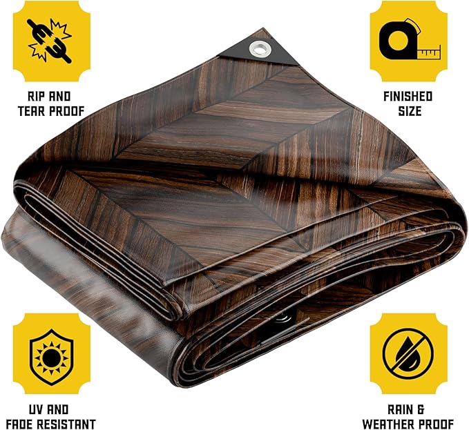 Core Tarps Extreme Heavy Duty 20 Mil Tarp Cover, Waterproof, UV Resistant, Rip and Tear Proof, Poly Tarpaulin with Reinforced Edges for Roof, Camping, Patio, Pool, Boat (Brown Wood/Black 24′ X 24′)