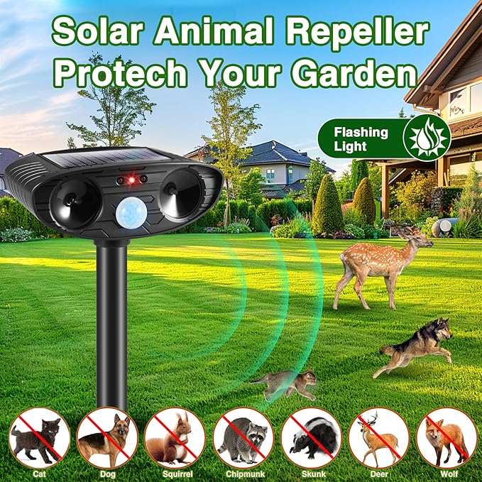 2Pack Deer Repellent Device Ultrasonic Raccoon Repellent Outdoor Solar Animal Repeller with Motion Detection Cat Deterrent Outdoorto Scare Rabbit Dog Coyote Squirrel Skunk Repellent for Yard 2025