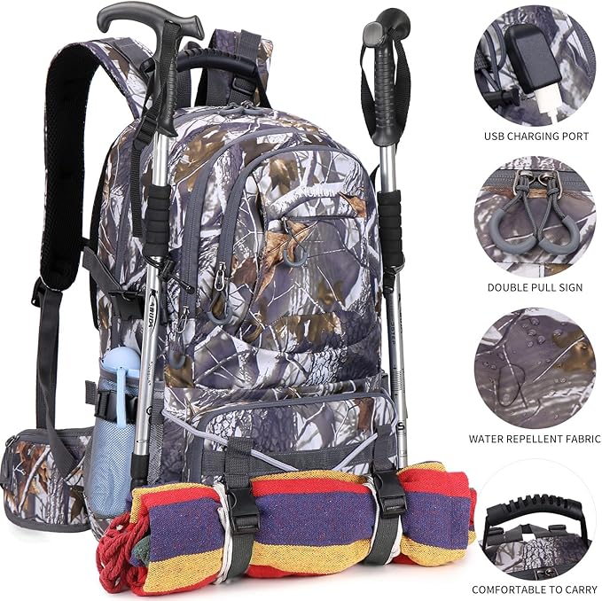 Nerlion 40L Hiking Backpack Travel Backpack for Men Women Camping Waterproof Outdoor Hiking Daypack Lightweight Backpack (Yellow Leaves)