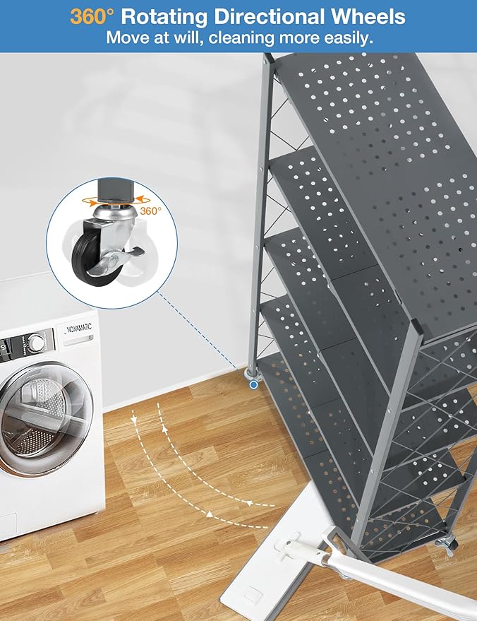 ALANNG 70.7" H Metal Storage Shelves, 5 Tier Folding Storage Shelves on Wheels, Heavy Duty Collapsible Shelving Unit, No Assembly Storage Rack for Kitchen, Basement, Pantry (Grey,1 Pack)