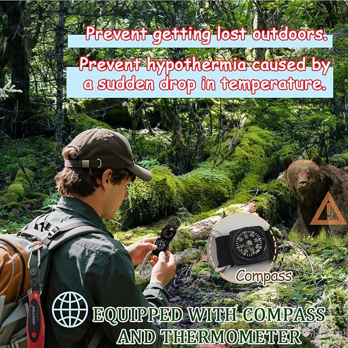 120dB Electronic Air Horn with Compass & Thermometer, Bear Horn to Scare Bears, Loud Air Horn for Safety Hiking Camping Emergency Self Defense, Electronic Whistle Bear Bells for Hiking (Red)