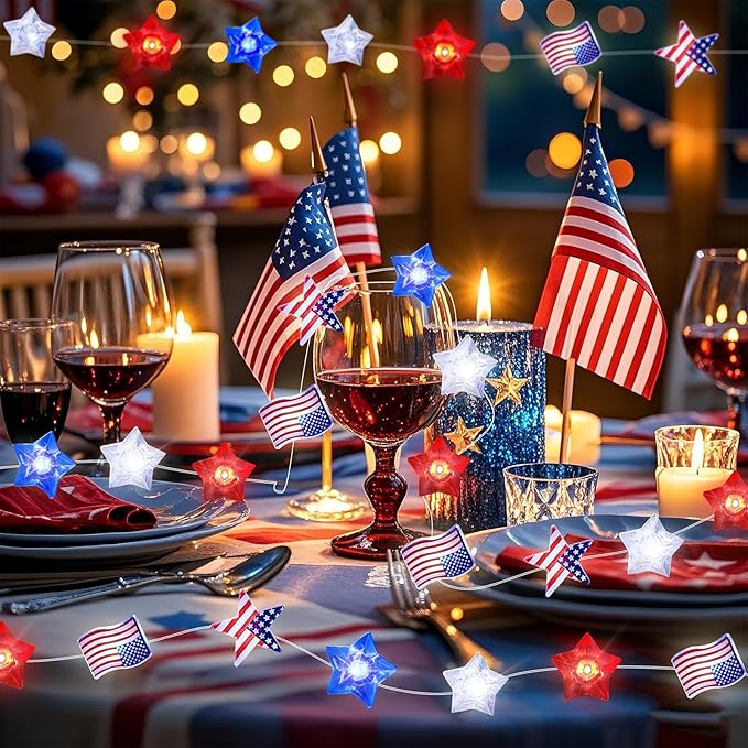 4th of July Decorations Lights, 16FT Red White Blue String Lights, 50LED Flag Stars Patriotic Light with Remote, USB & Battery Powered Fairy Light for Patriotic Memorial Day Independence Day Decor