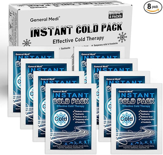 General Medi Instant Ice Cold Pack (4”x 5.5”) – 8 Packs Disposable Cold Therapy Ice Packs for Pain Relief, Swelling, Inflammation, Sprains, Toothache – for Athletes & Outdoor Activities