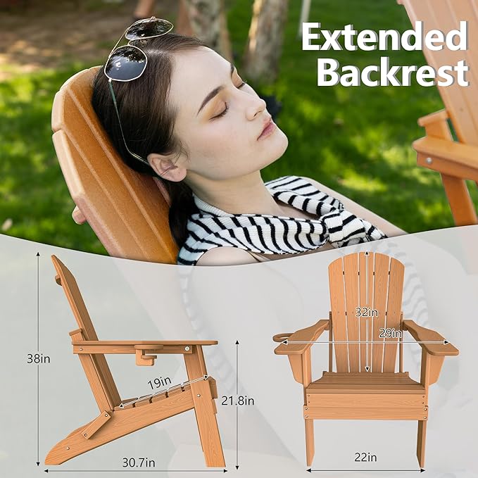 Folding Adirondack Chair, Cup Holder,SGS Tested, Wooden Textured, Heavy All-Weather HDPE Comfortable Set Poolside Backyard Lawn Teak Set 2