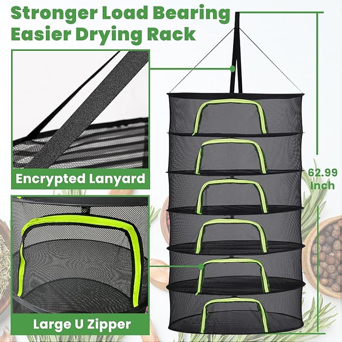 6 Layer 24" Herb Drying Rack Hanging with Garden Pruning Shears, Large Zipper, Hook & Notepad, Foldable Drying Rack for Herbs, Spices & Seasonings, Hanging Herb Dryer Indoor & Outdoor
