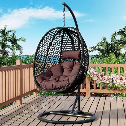 JUFU Egg Swing Chair with Stand,Hanging Egg Chair Indoor Outdoor,Hammock Hanging Basket Chair with Aluminum Steel Frame，Patio Egg Chair with Removable Cushions for Patio Balcony Backyard,Bedrooms
