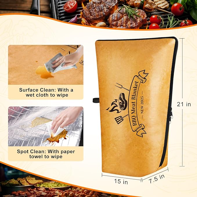 BBQ Blanket for Resting Meat 21 in Reusable Insulated Smoker Grilling Meat Resting Bag with Dual Zippers, Wide Mouth Design for Large Briskets/Pork Shoulders/Turkeys, Grill Gifts