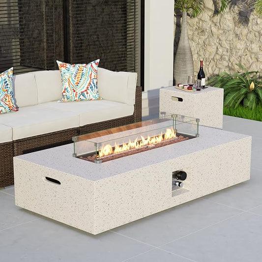 COSIEST 2-Piece Outdoor Propane Fire Table Set, Rectangle Concrete 56-inch x 28-inch Fire Pit (CSA Certified, 50,000 BTU) w 20lb Tank Table, Wind Guard, Waterproof Cover for Garden, Porch, Backyard
