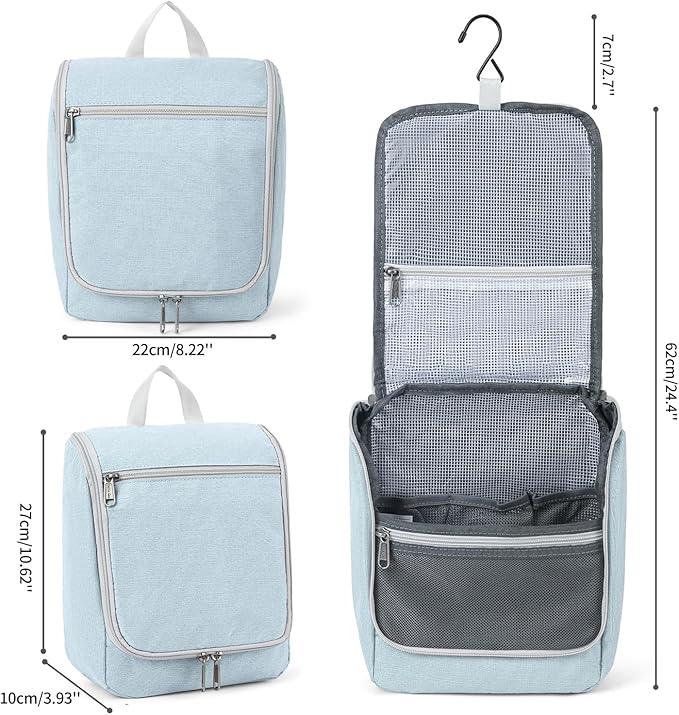 Della Gao Travel Toiletry Bag, Hanging Toiletry Bag for Men and Women, Water-resistant Makeup Bag Cosmetic Toiletries Organizer, Bathroom Bag, Sturdy Nylon, Light Blue