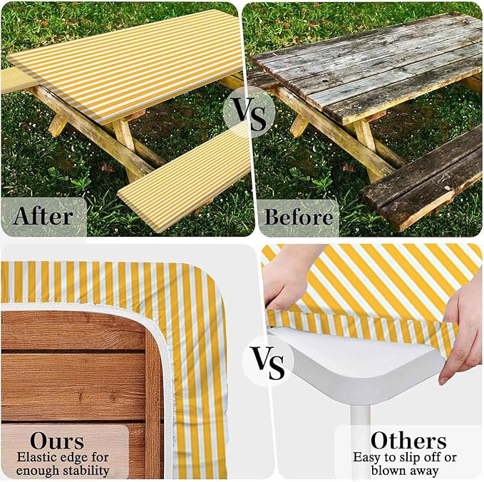 CAPSCEOLL Elastic Picnic Table Cover with Bench Covers 5Ft Waterproof Fitted Picnic Table Cover Cloths for Outdoors Camping Tablecloth with Drawstring Bag, 60X30in, Orange White