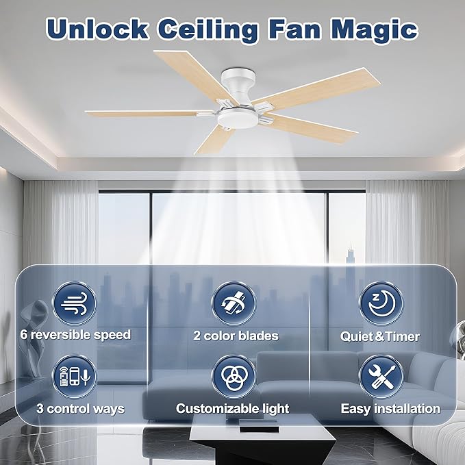 cumilo 52 inch Smart Low Profile Ceiling Fan with Lights Remote,Quite DC Motor,WIFI Voice Control via Alexa,Flush Mount Outdoor Indoor for Bedroom Living Room Patio Porch,5 Blades in White&Light Wood