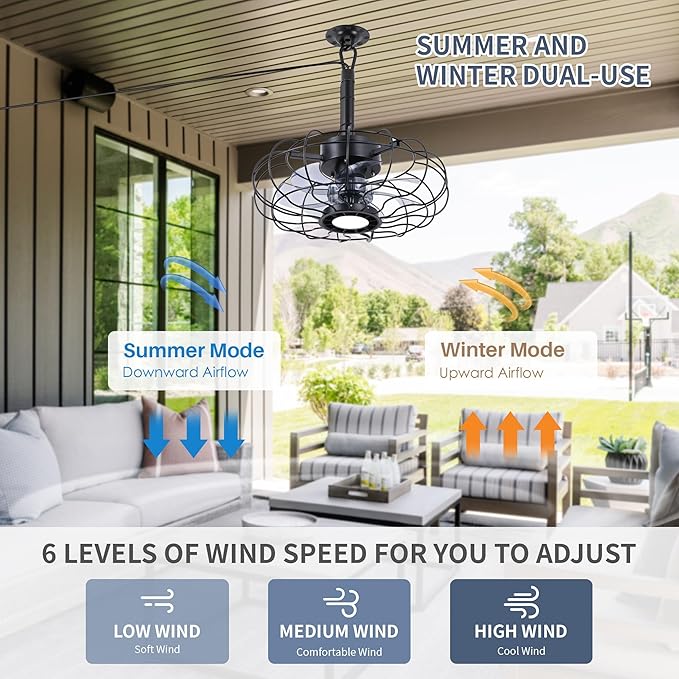 15" Outdoor Ceiling Fans with Lights and Remote,Black Waterproof Gazebo Fan, Plug in Ceiling Fan with 3 Color LED Light, Portable Hanging Gazebo Fans with Plug in Cord Hook for Patios
