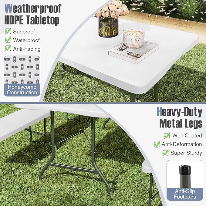 Goplus 8ft Plastic Folding Table, 350 LBS Outdoor Heavy Duty Folding Tables with HDPE Tabletop, Handle, Lock, Foldable Rectangle Portable Utility Card Table for Picnic, Party, Camping, Dining