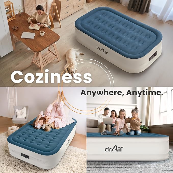 Twin Air Mattress, 18” Raised Inflatable Bed with Built-in Pump, Waterproof Velvety Top, Ergonomic Design, Reinforced Support, and Carry Bag for Home, Camping, and Guests