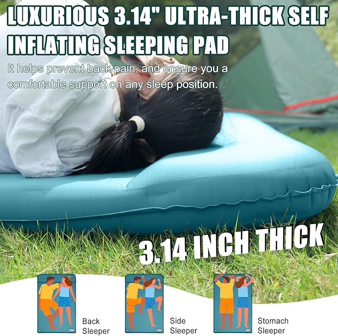 Double Self Inflating Sleeping Pad with Electric Pump,3.14" Thick Memory Foam Camping Mattress 2 Person w/Pillow,Easy Inflate&Deflate,Outdoor Camp Mat for Rooftop Tent Car Truck, Peacock-Blue