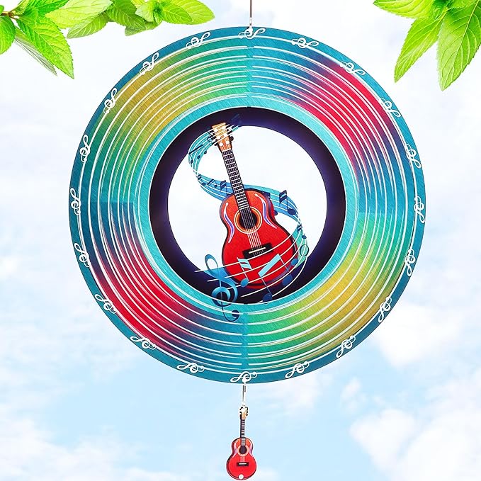 Guitar Wind Spinners Garden Yard Decor Gift for Women Men, 12 Inch Outdoor Metal 3D Wind Spinner, Stainless Steel Hanging Wind Catchers Kinetic Sculpture for Outside Decoration