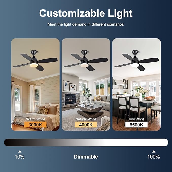 Ceiling Fans with Lights and Remote/APP Control, 42 inch Low Profile Ceiling Fan with Light, Flush Mount, 3CCT, Dimmable, Reversible, Quiet 6 Speeds Modern Black Ceiling Fan Light for Bedroom Kitchen