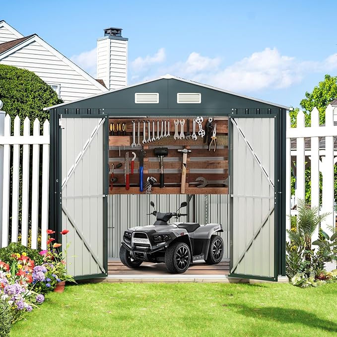 8x6FT Outdoor Steel Storage Shed with Clear Window, Lockable Doors, Weather-Resistant Metal Tool Shed for Garden, Backyard, Patio, and Utility Storage