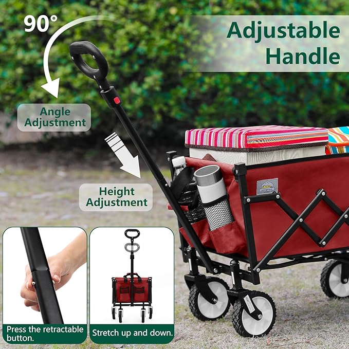 Folding Wagon Cart with Wheels and Tailgate, 330 lbs 120 l Capacity, Adjustable Handle, Portable Collapsible Utility Wagon Cart for Groceries, Outdoor Camping, Shopping, Garden (Red)