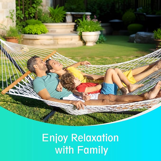 Double Hammock for 2 Person, Handwoven Cotton Rope Hammock with Spreader Bar Without Stand - Indoor & Outdoor Use for Patio, Poolside, Backyard (Off White)