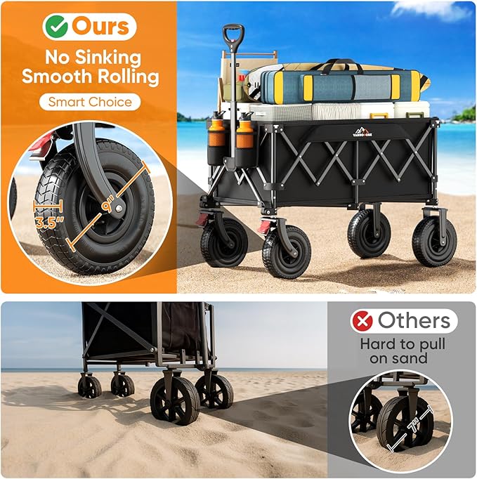Beach Wagon with 9x3.5" Big Rubber Wheels for Sand, 350lbs Heavy Duty 200L Collapsible Utility Wagon, Easy Transport & Storage, Ideal for Sport, Camping, All-Terrain Outdoor Activities, Black