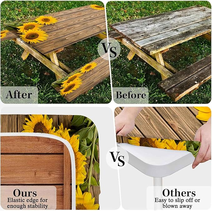 CAPSCEOLL Elastic Picnic Table Cover with Bench Covers 5Ft Waterproof Fitted Picnic Table Cover Cloths for Outdoors Camping Tablecloth with Drawstring Bag, 60X30in, Wooden Sunflowers