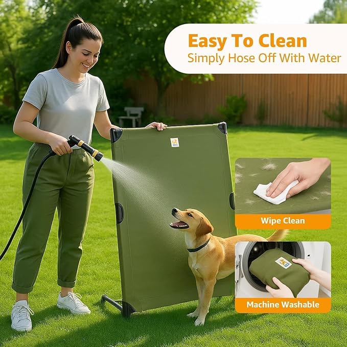 Canvas Elevated Dog Bed, Durable Chew Proof Outdoor Raised Pet Cot for Large Dogs, Waterproof, Breathable, Portable, Washable, Easy Assembly, Sturdy Frame for Camping & Travel, Green