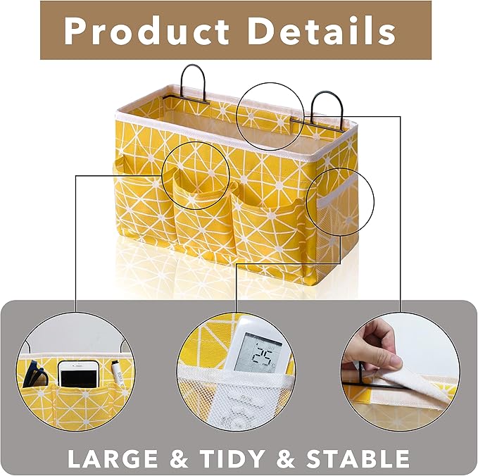 2pcs 3-pockets Large Wall Hanging Organizer Bag, Linen Fabric Door Hanging Storage Baskets with Pockets, Waterproof Bin for Kitchen, Bedroom, Office, RV Camper (Yellow_2pcs)
