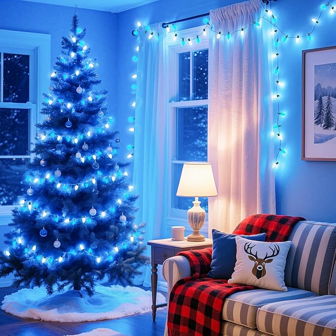 C9 LED Christmas Lights Outdoor, 50 Feet C9 String Lights with 50 Shatterproof Matte Bulbs, Connectable Waterproof Christmas Tree Lights for Holiday Roofline Backyard Garden Decor, Blue & Pure White