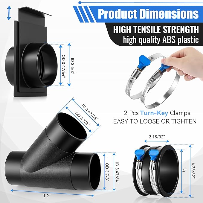 4 in x 10 ft Dust Collection Hose with 4 Inch Y Fitting, 4 Inch Blast Gate with Flex Cuff with 2 Steel Thumbscrew Clamps and 2 Steel Hose Clamps for Dust Collection Fittings Woodshop Vacuum System