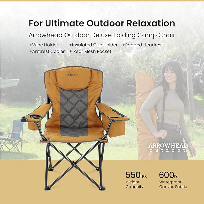 ARROWHEAD OUTDOOR Portable Folding Camping Quad Chair w/ 6-Can Cooler, Cup & Wine Glass Holders, Heavy-Duty Carrying Bag, Padded Armrests, Headrest & Seat, Supports up to 550lbs, USA-Based Support