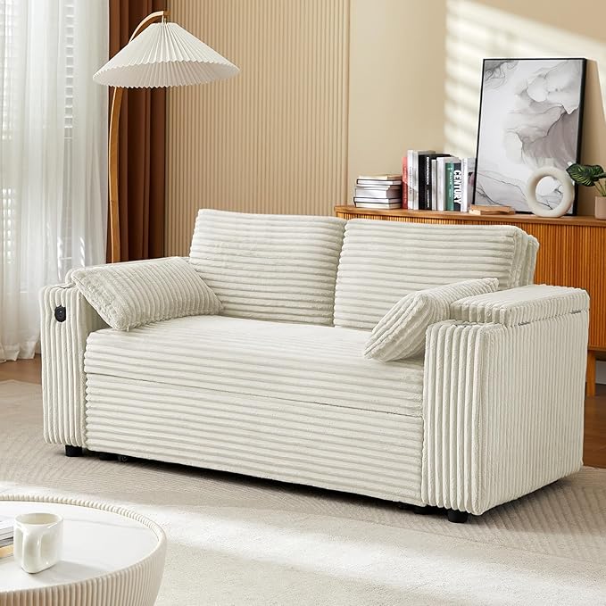68.11" Corduroy Sleeper Chair Bed with USB Port, Cup Holders & Side Storage Pockets – 3-in-1 Foldable Sofa Bed for Guest Room, Living Room – White