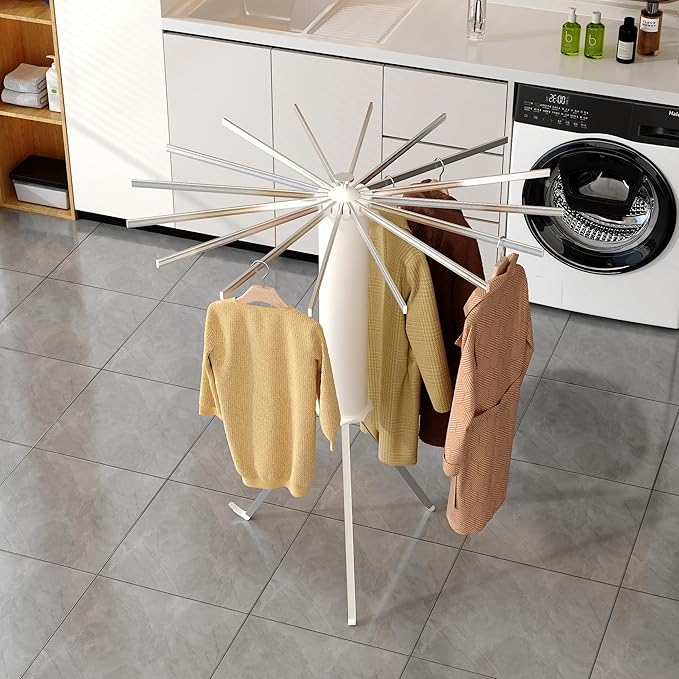 Foldable Tripod Clothes Drying Rack, Collapsible Laundry Drying Rack, Portable Octopus Laundry Stand with 16 Extendable Aluminum Rods White & Silver Space Saving Holder for Indoor Outdoor