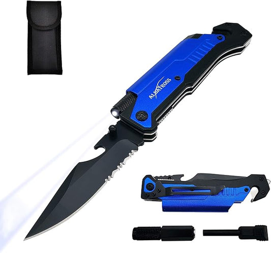 ALBATROSS 6-in-1 Survival Tactical Military Folding Pocket Knives with LED Light,Seatbelt Cutter,Glass Breaker,Magnesium Fire Starter,Bottle Opener;Multi-Function Emergency Tool(Blue)