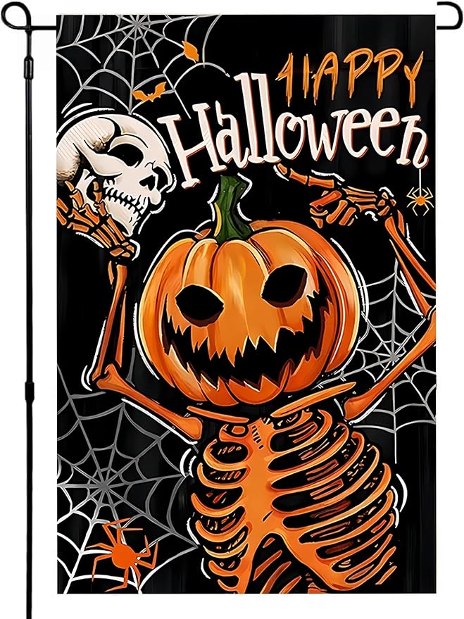 Happy Halloween Garden Flag 12X18 Inch Double Side, Skull Pumpkin Lantern Yard flag,Outside Small Garden Flag Decorative, Outdoor Outside Flag for Holiday Patio Courtyard Lawn