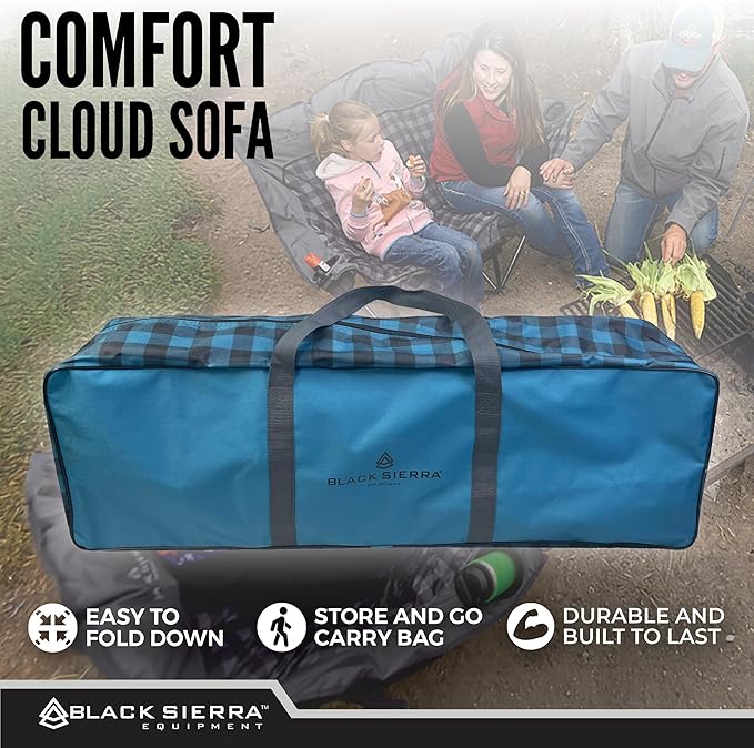 Black Sierra Double Camping Chair for Adults, Oversized Folding Loveseat Supports 600 lbs, Plush Padded Outdoor Couch with Cup Holders and Carry Bag for Beach, Patio, RV, or Tailgating Events